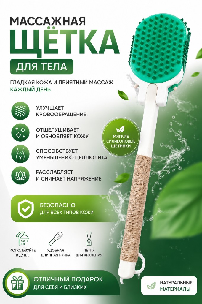 Массажная щётка Макси для тела: зелёная силиконовая щетина, длинная ручка с джутом — кровообращение, обновление кожи, расслабление