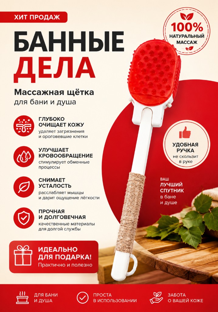 Банные Дела — массажная щётка Мини для бани и душа: глубокое очищение, кровообращение, удобная ручка с джутом